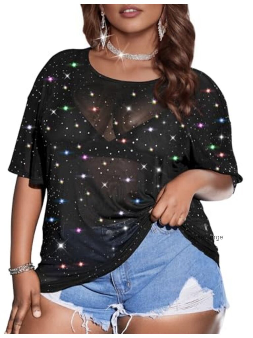 Plus Size Sheer Mesh Top See Through Glitter Sparkly Concert Outfit Stretchy